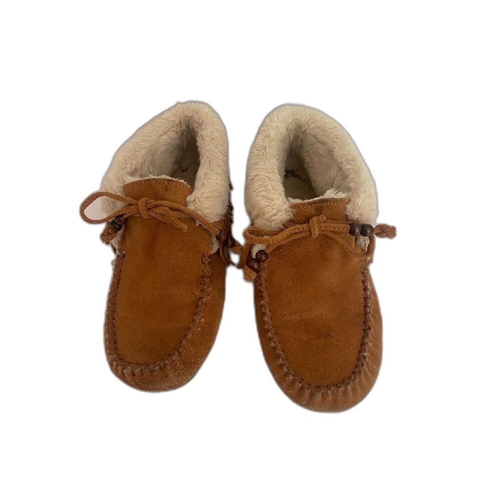 Women's Tan Suede Moccasin Slippers with Plush Lining